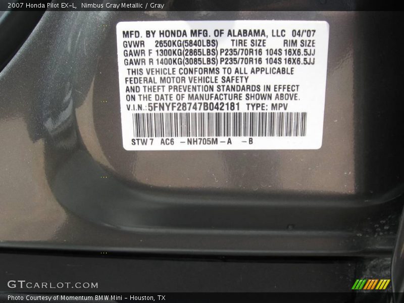 2007 Pilot EX-L Nimbus Gray Metallic Color Code NH705M