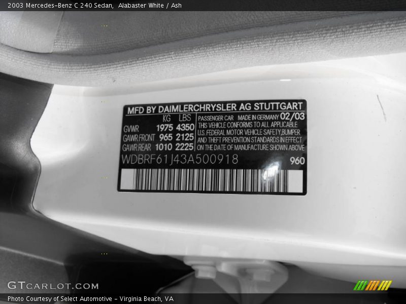 Alabaster White / Ash 2003 Mercedes-Benz C 240 Sedan