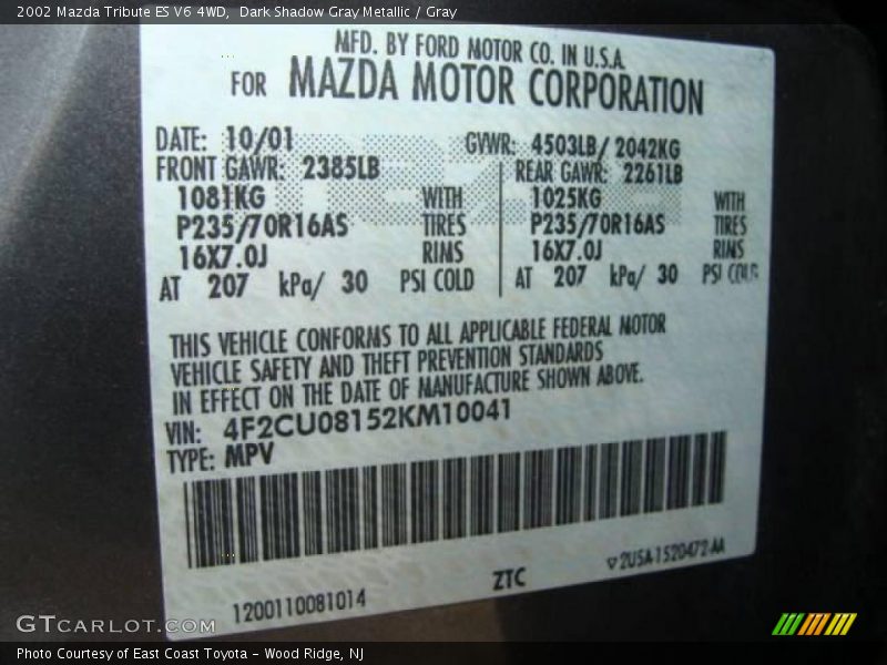 Dark Shadow Gray Metallic / Gray 2002 Mazda Tribute ES V6 4WD