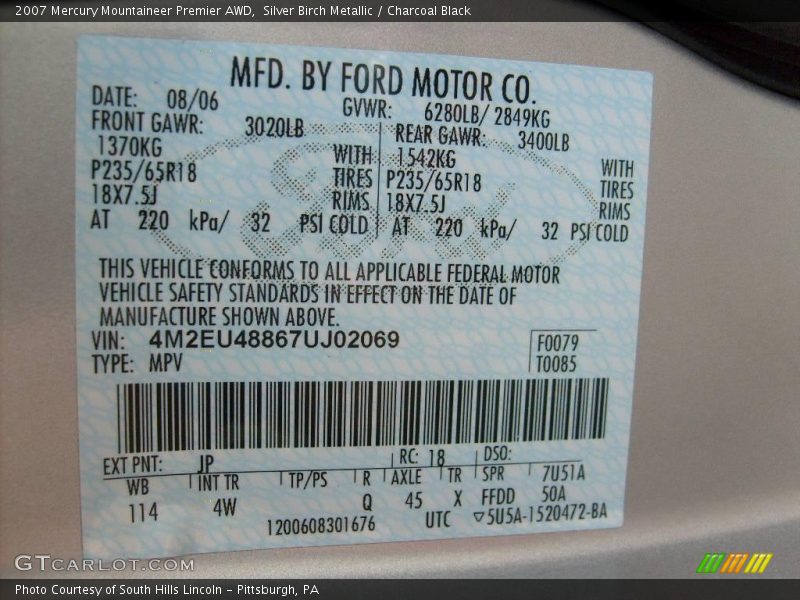 Silver Birch Metallic / Charcoal Black 2007 Mercury Mountaineer Premier AWD