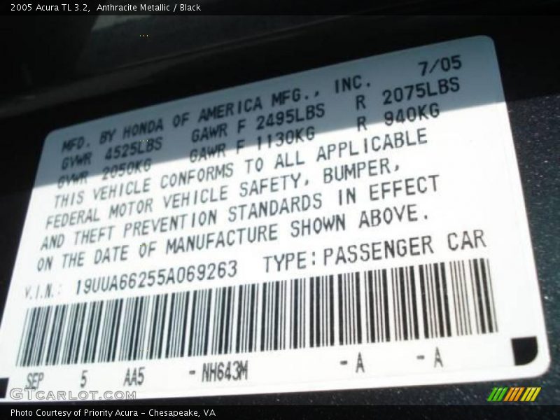 Anthracite Metallic / Black 2005 Acura TL 3.2