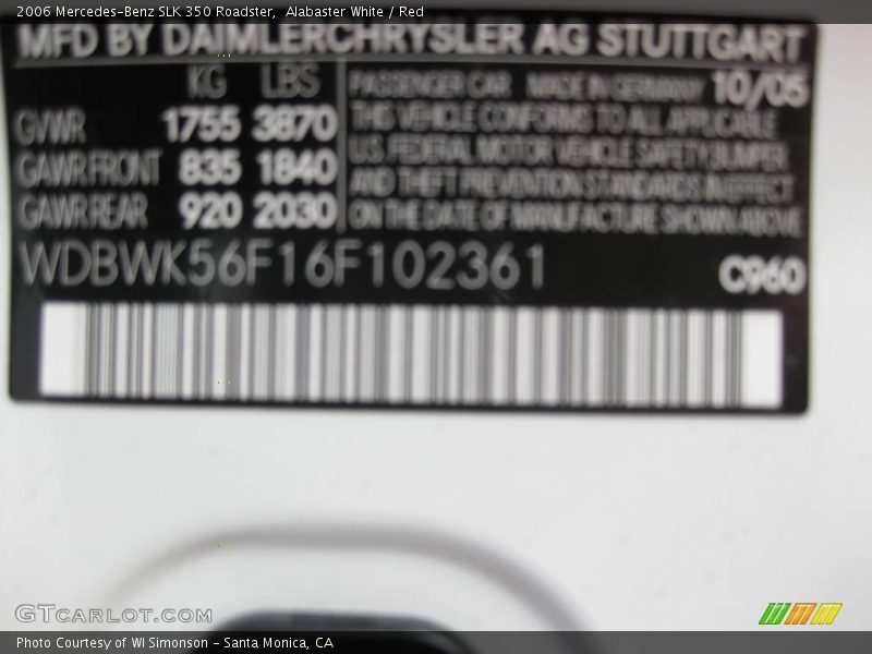 Alabaster White / Red 2006 Mercedes-Benz SLK 350 Roadster