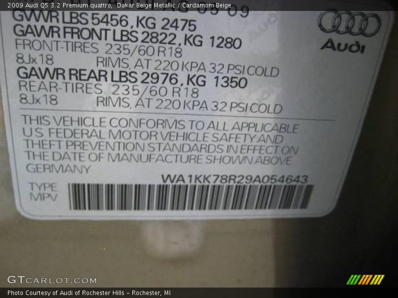 Dakar Beige Metallic / Cardamom Beige 2009 Audi Q5 3.2 Premium quattro