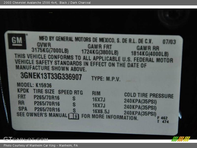 Black / Dark Charcoal 2003 Chevrolet Avalanche 1500 4x4