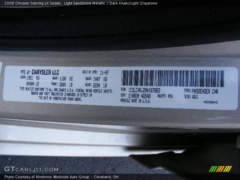Light Sandstone Metallic / Dark Khaki/Light Graystone 2008 Chrysler Sebring LX Sedan