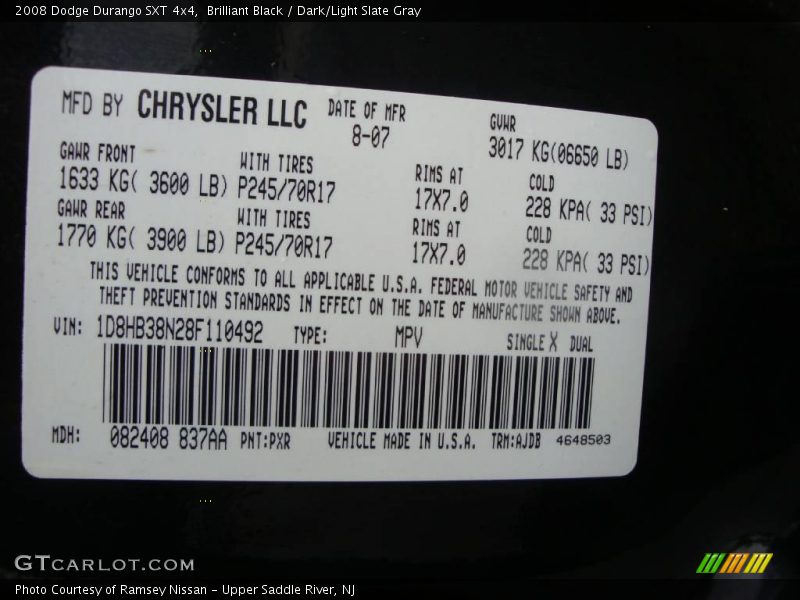 Brilliant Black / Dark/Light Slate Gray 2008 Dodge Durango SXT 4x4