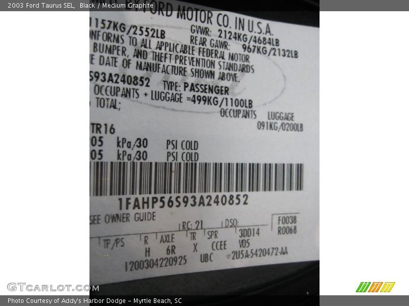 Black / Medium Graphite 2003 Ford Taurus SEL