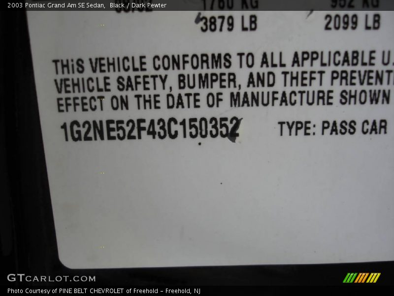 Black / Dark Pewter 2003 Pontiac Grand Am SE Sedan
