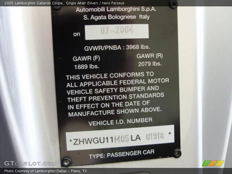 Grigio Altair (Silver) / Nero Perseus 2005 Lamborghini Gallardo Coupe