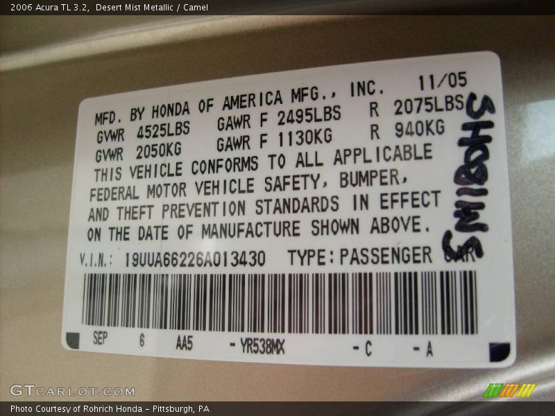 Desert Mist Metallic / Camel 2006 Acura TL 3.2