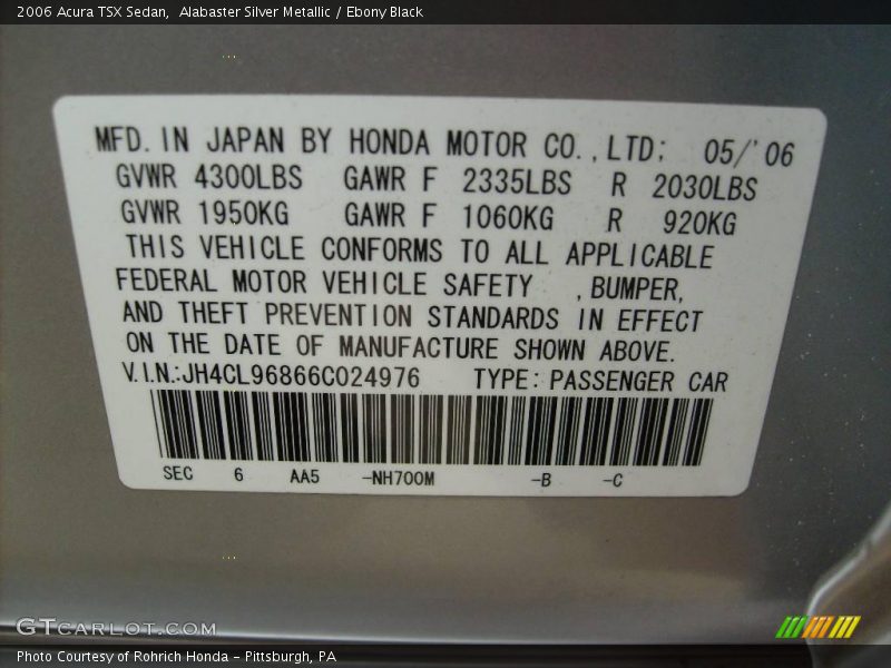 Alabaster Silver Metallic / Ebony Black 2006 Acura TSX Sedan