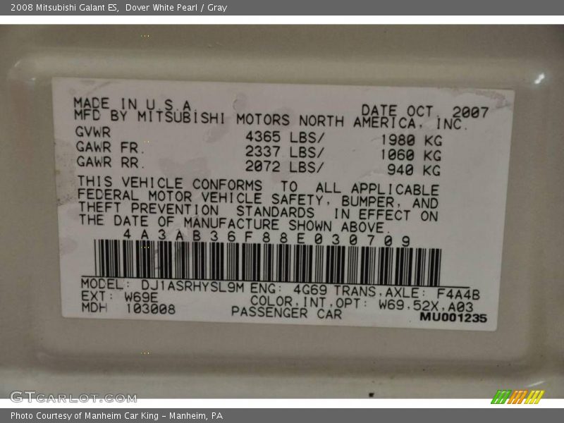 Dover White Pearl / Gray 2008 Mitsubishi Galant ES