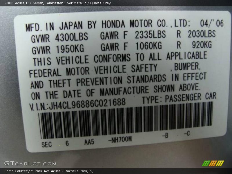 Alabaster Silver Metallic / Quartz Gray 2006 Acura TSX Sedan
