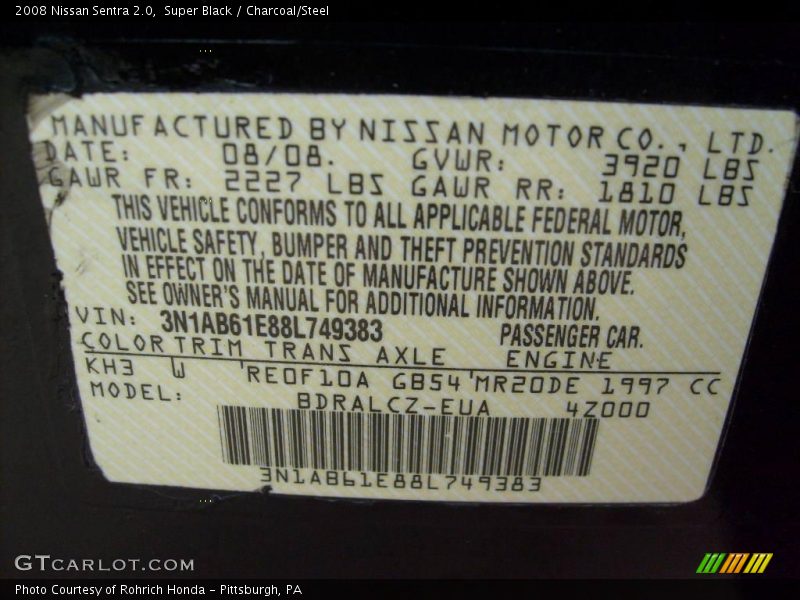 Super Black / Charcoal/Steel 2008 Nissan Sentra 2.0