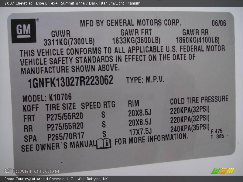 Summit White / Dark Titanium/Light Titanium 2007 Chevrolet Tahoe LT 4x4
