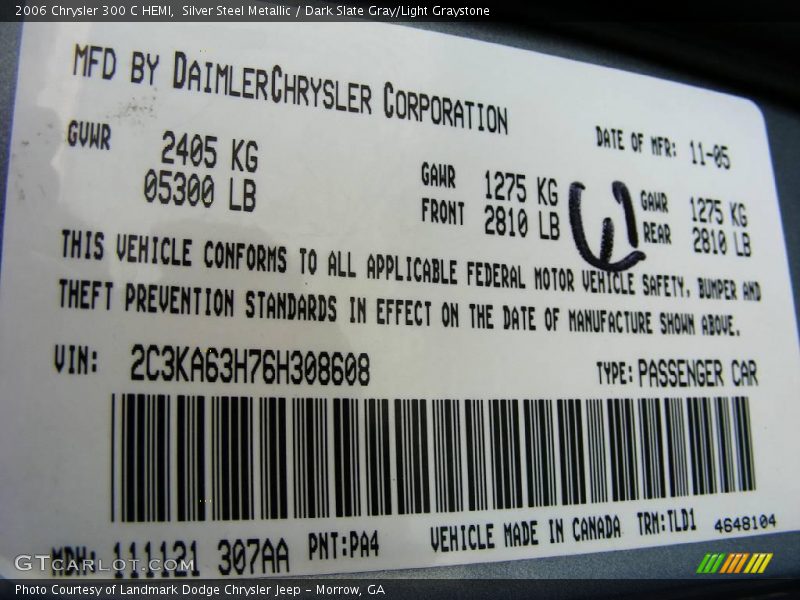 Silver Steel Metallic / Dark Slate Gray/Light Graystone 2006 Chrysler 300 C HEMI