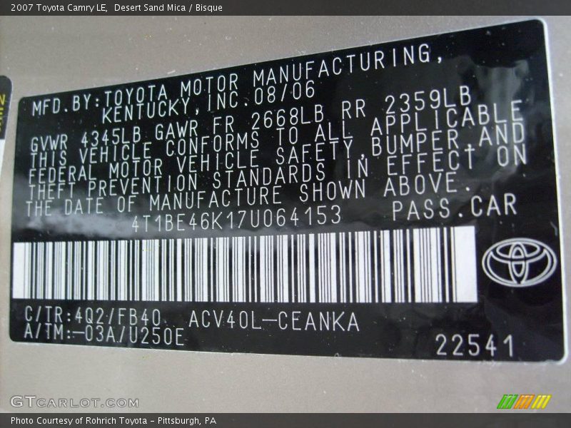 Desert Sand Mica / Bisque 2007 Toyota Camry LE