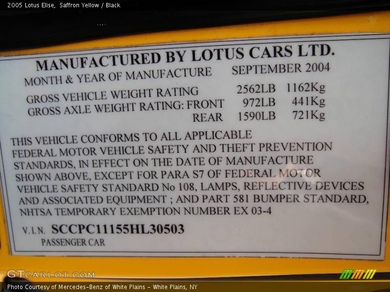 Info Tag of 2005 Elise 