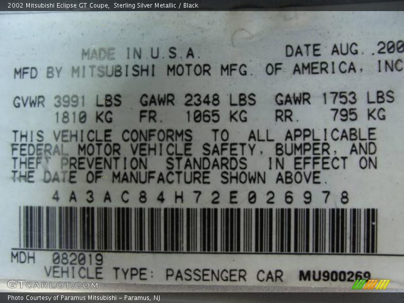 Sterling Silver Metallic / Black 2002 Mitsubishi Eclipse GT Coupe
