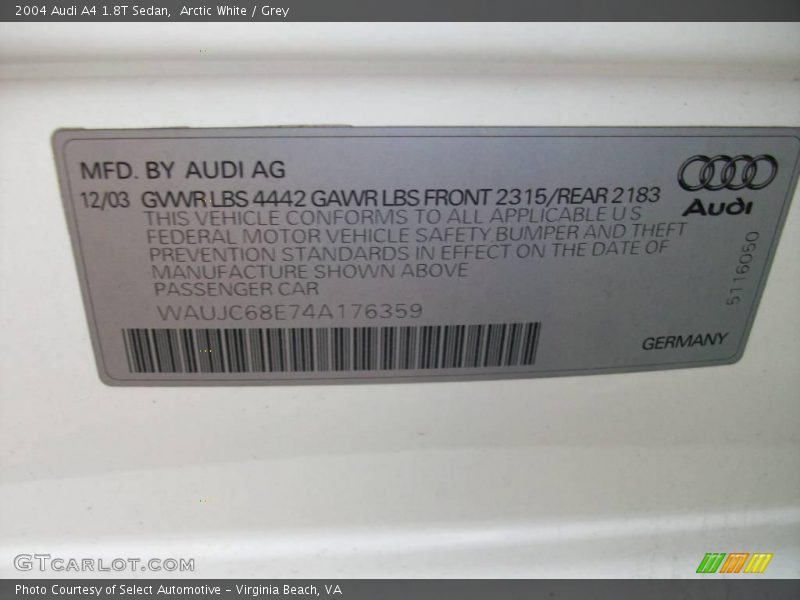 Arctic White / Grey 2004 Audi A4 1.8T Sedan