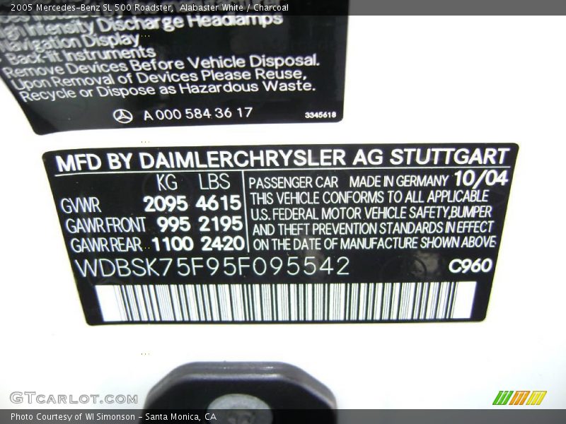 Alabaster White / Charcoal 2005 Mercedes-Benz SL 500 Roadster