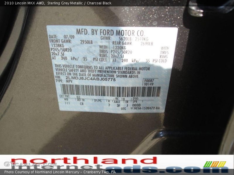 Sterling Grey Metallic / Charcoal Black 2010 Lincoln MKX AWD
