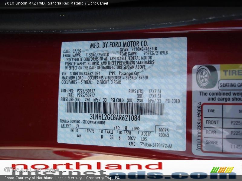 Sangria Red Metallic / Light Camel 2010 Lincoln MKZ FWD
