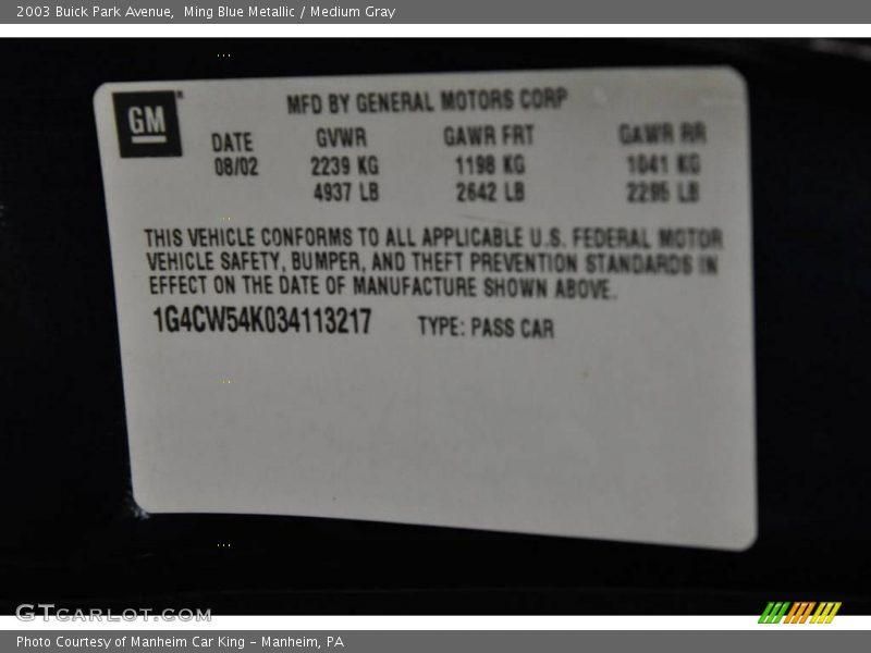 Ming Blue Metallic / Medium Gray 2003 Buick Park Avenue