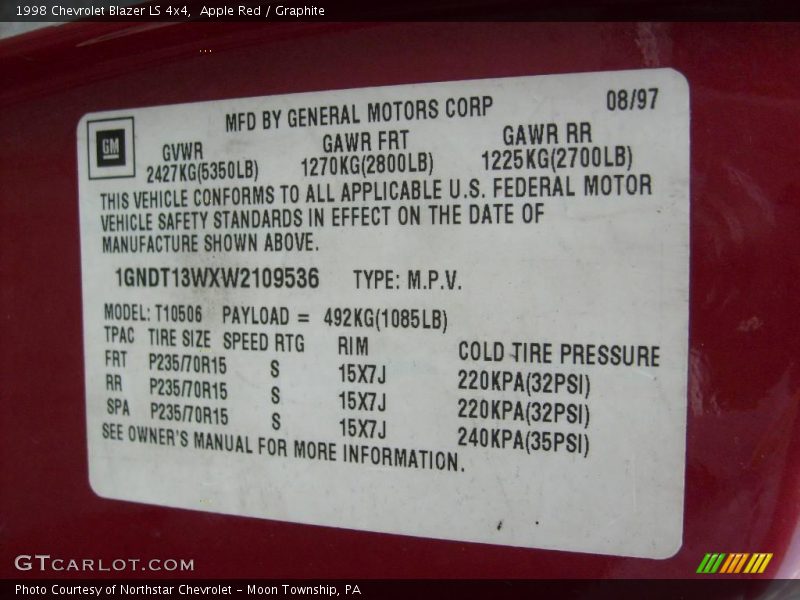 Apple Red / Graphite 1998 Chevrolet Blazer LS 4x4