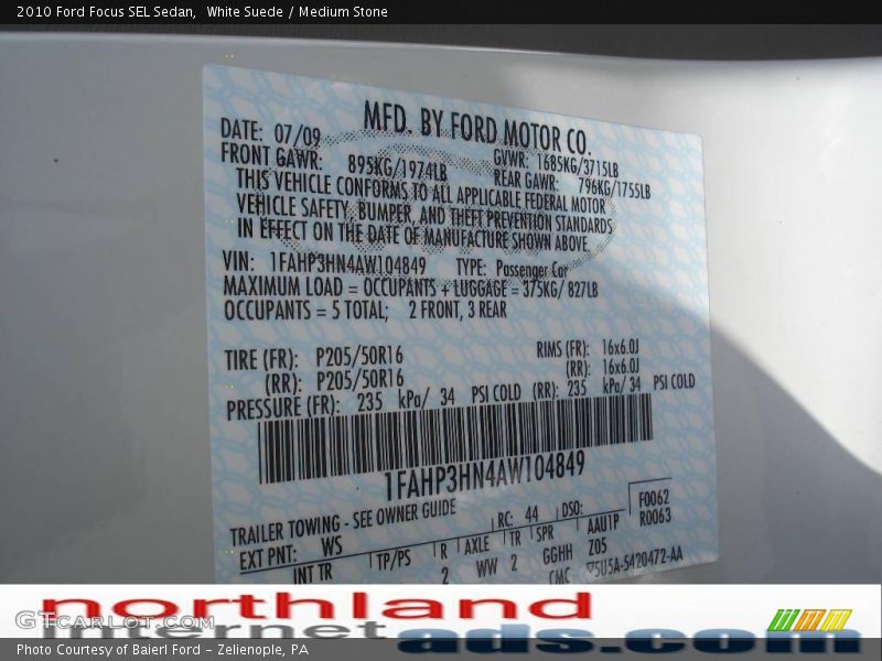 White Suede / Medium Stone 2010 Ford Focus SEL Sedan
