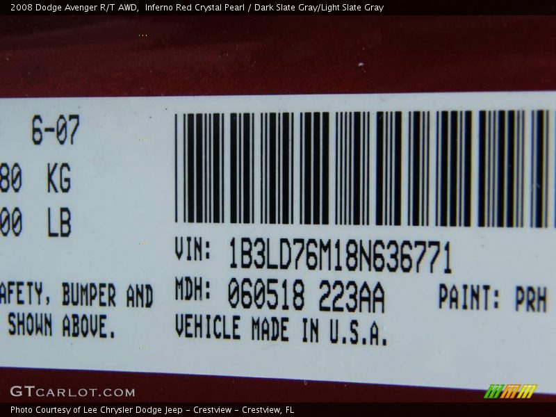 Inferno Red Crystal Pearl / Dark Slate Gray/Light Slate Gray 2008 Dodge Avenger R/T AWD