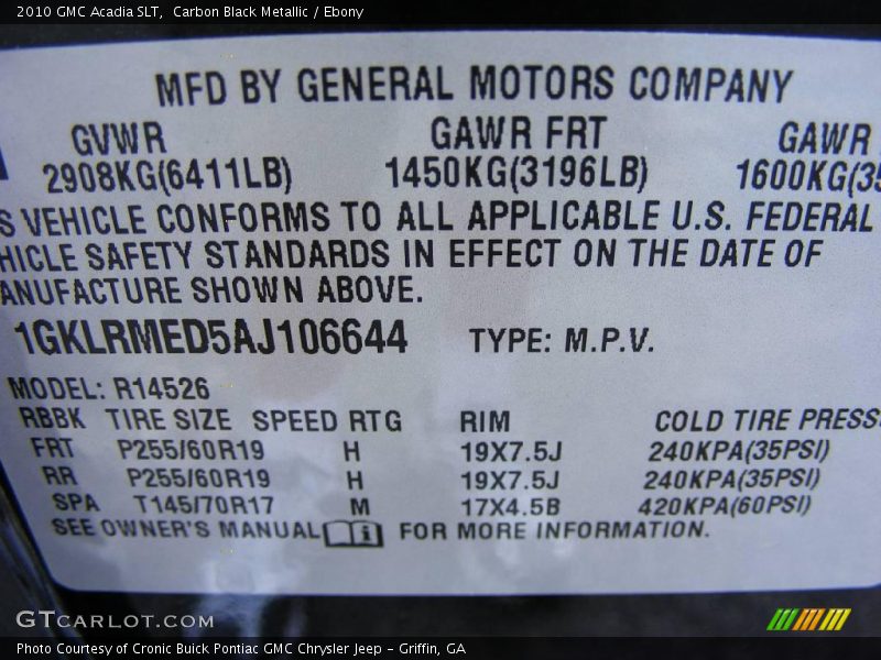 Carbon Black Metallic / Ebony 2010 GMC Acadia SLT