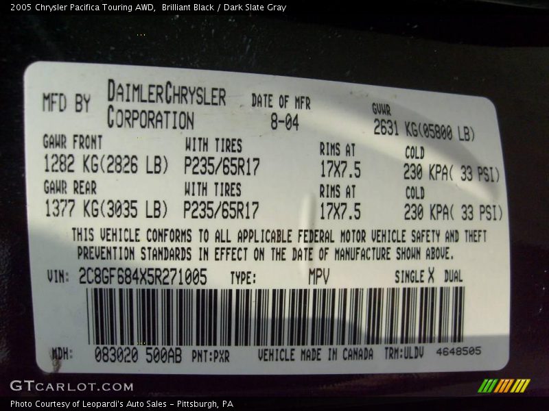 Brilliant Black / Dark Slate Gray 2005 Chrysler Pacifica Touring AWD