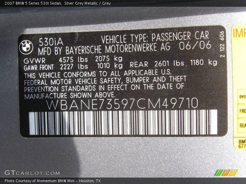 Silver Grey Metallic / Grey 2007 BMW 5 Series 530i Sedan