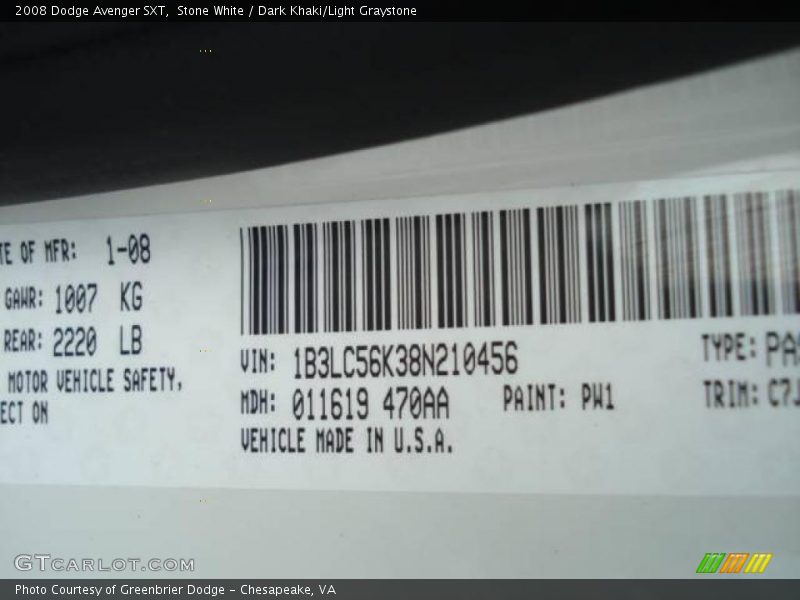 Stone White / Dark Khaki/Light Graystone 2008 Dodge Avenger SXT