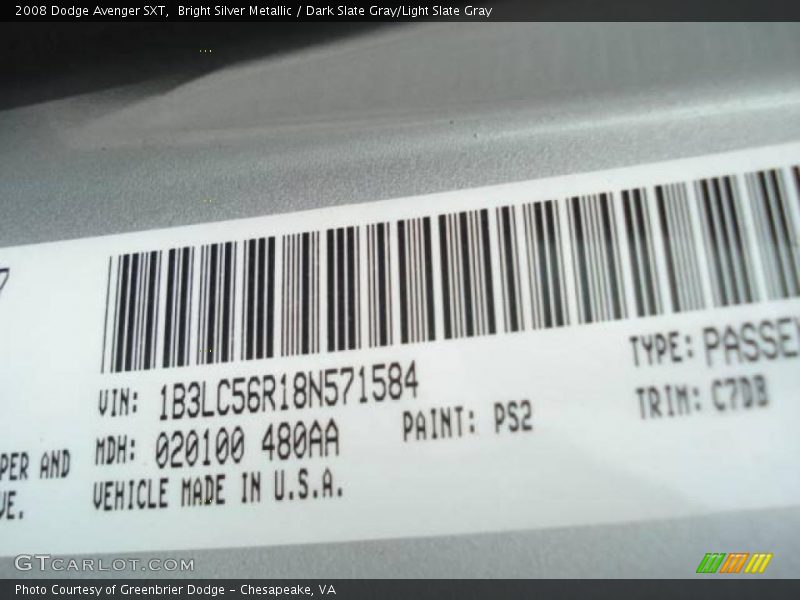 Bright Silver Metallic / Dark Slate Gray/Light Slate Gray 2008 Dodge Avenger SXT