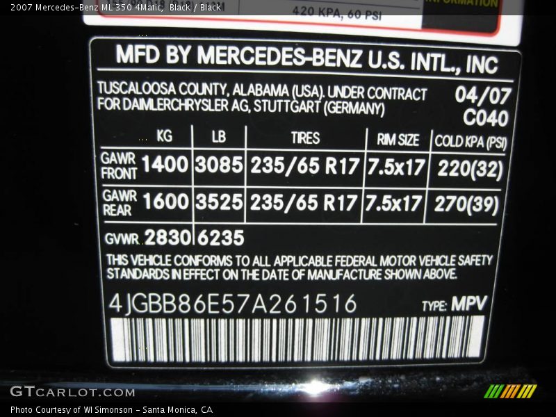 Black / Black 2007 Mercedes-Benz ML 350 4Matic