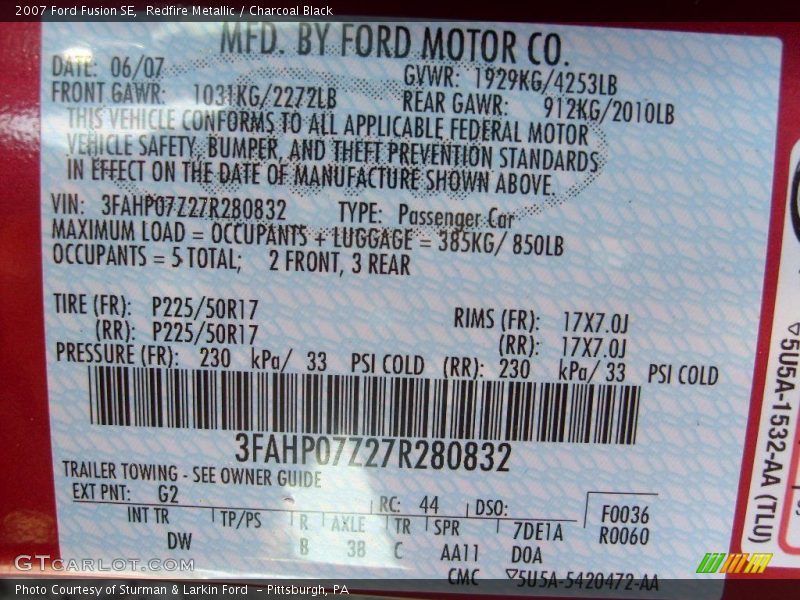 Redfire Metallic / Charcoal Black 2007 Ford Fusion SE