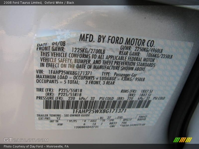 Oxford White / Black 2008 Ford Taurus Limited