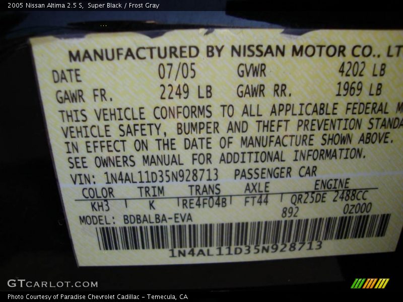 Super Black / Frost Gray 2005 Nissan Altima 2.5 S