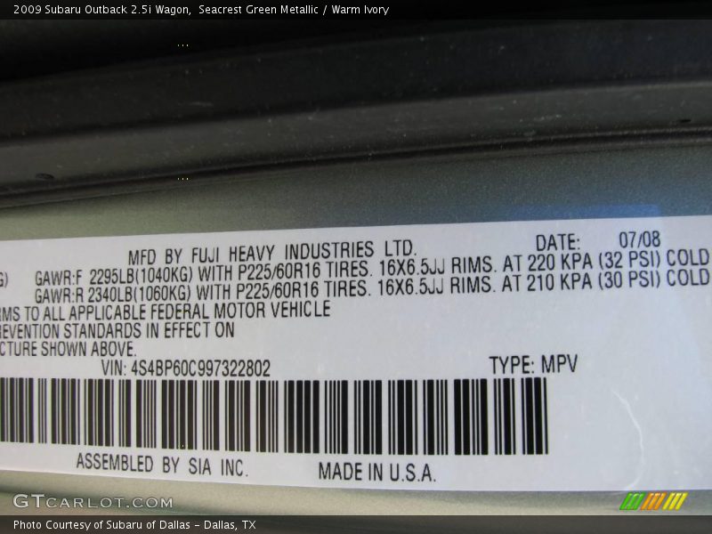 Seacrest Green Metallic / Warm Ivory 2009 Subaru Outback 2.5i Wagon