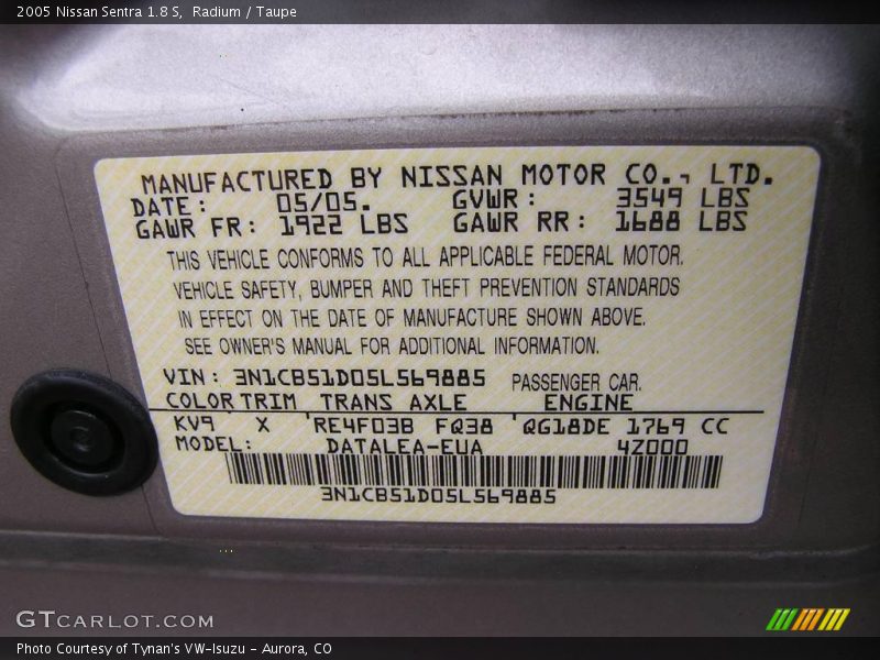 Radium / Taupe 2005 Nissan Sentra 1.8 S