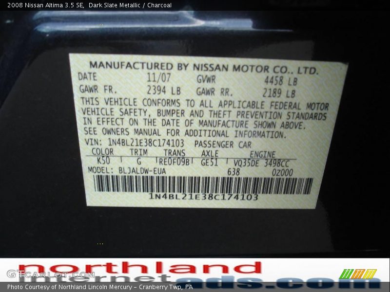 Dark Slate Metallic / Charcoal 2008 Nissan Altima 3.5 SE