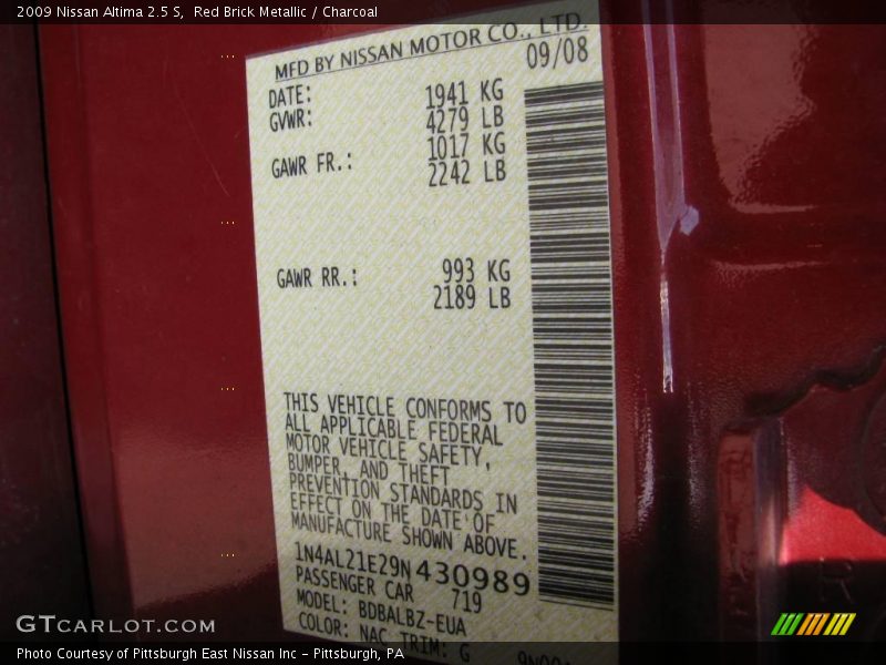 Red Brick Metallic / Charcoal 2009 Nissan Altima 2.5 S