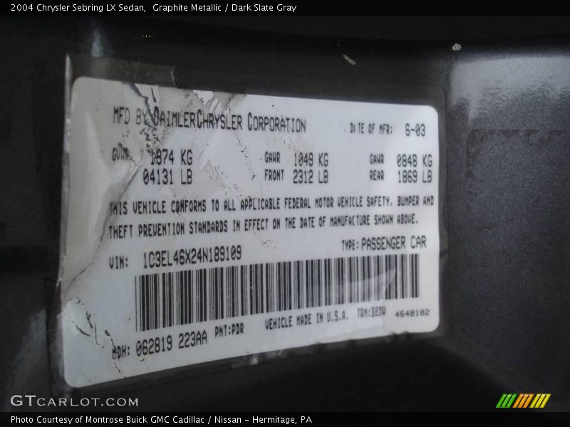 Graphite Metallic / Dark Slate Gray 2004 Chrysler Sebring LX Sedan