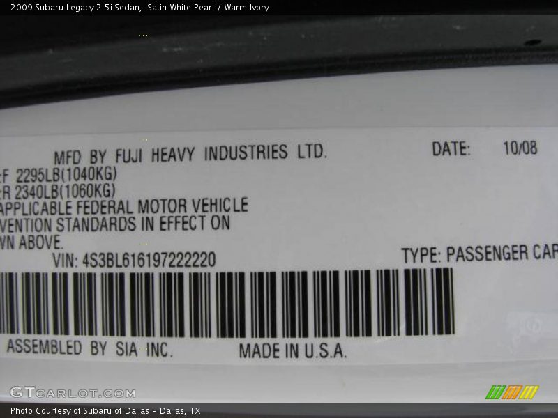 Satin White Pearl / Warm Ivory 2009 Subaru Legacy 2.5i Sedan