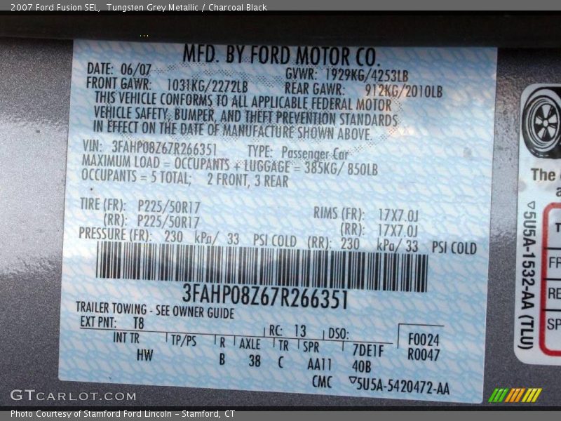 Tungsten Grey Metallic / Charcoal Black 2007 Ford Fusion SEL