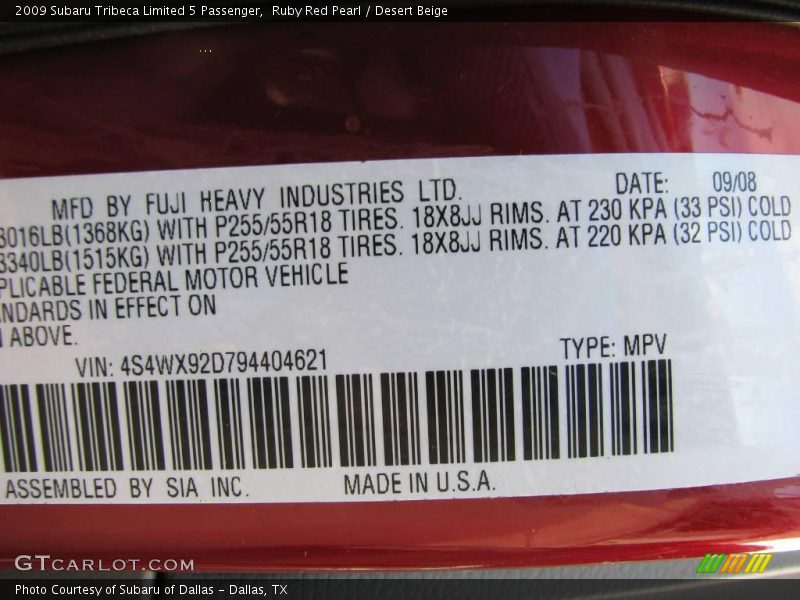 Ruby Red Pearl / Desert Beige 2009 Subaru Tribeca Limited 5 Passenger
