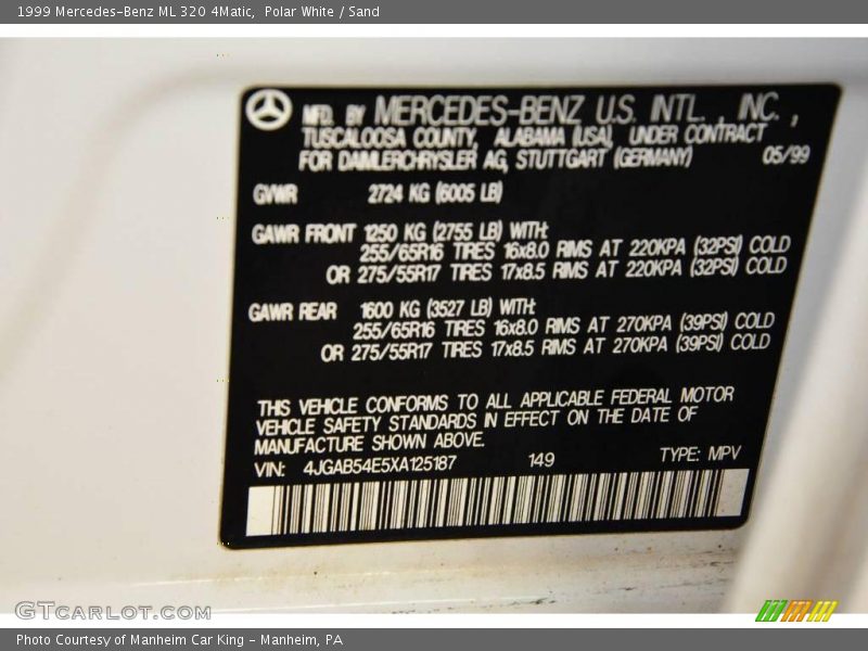 Polar White / Sand 1999 Mercedes-Benz ML 320 4Matic