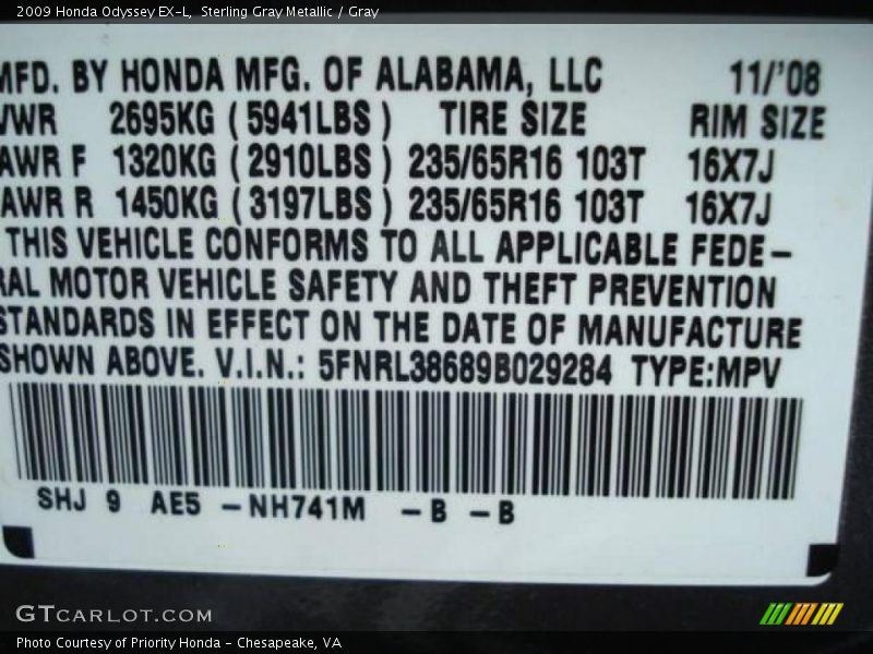 Sterling Gray Metallic / Gray 2009 Honda Odyssey EX-L